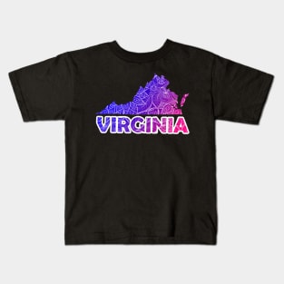 Colorful mandala art map of Virginia with text in blue and violet Kids T-Shirt